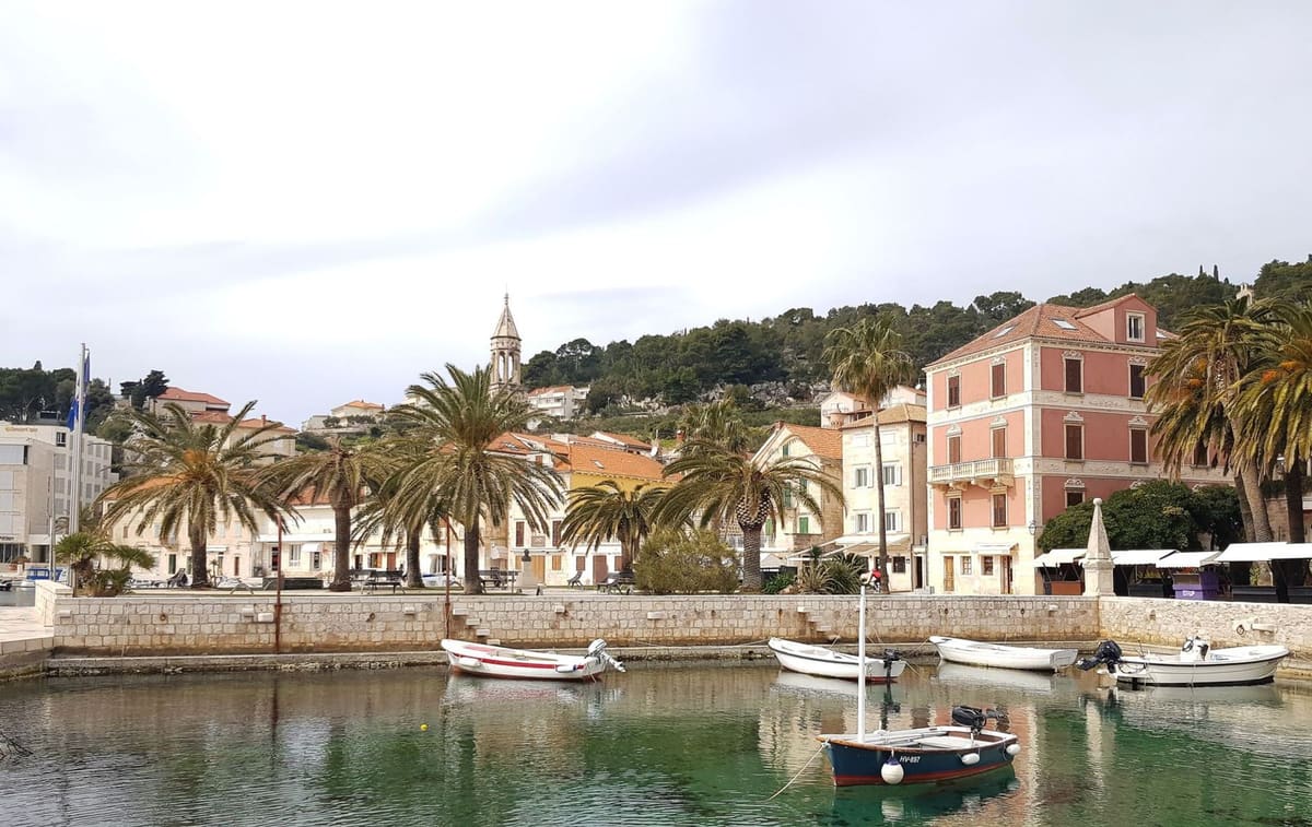 Boats in the harbour at Hvar, stone houses and palms behind